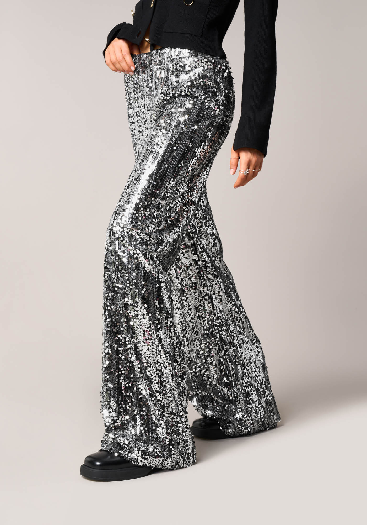 Pantaloni Wide Leg in Paillettes Silver  - vista frontale | Nicla