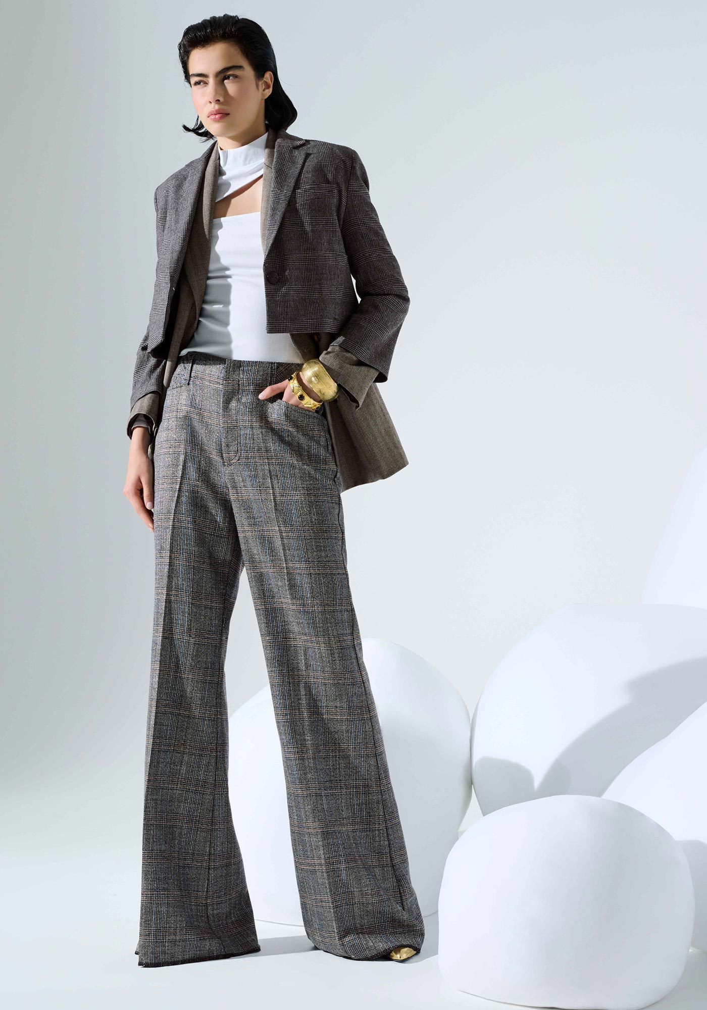 Pantaloni Wide Leg a Fantasia Principe di Galles Lurex Grigio - vista frontale | Nicla